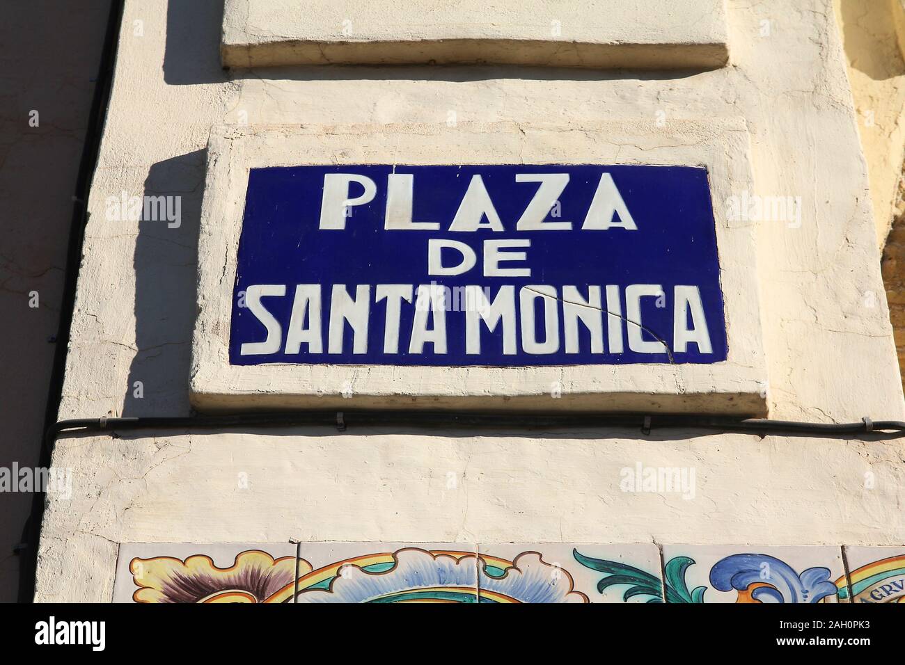 Valencia, Spain. Old stylish ceramic street sign - Saint Monica Square. Stock Photo