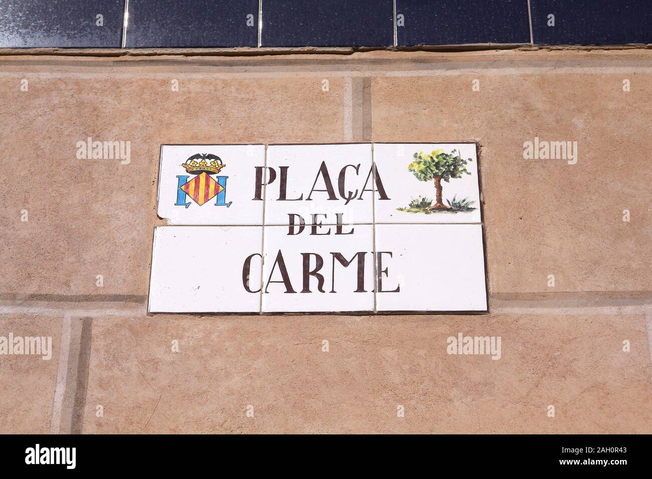 Valencia, Spain. Old stylish ceramic street sign - Carme Square. Stock Photo