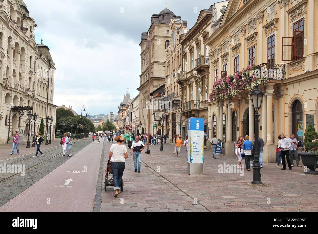 KOSICE, SLOVAKIA - AUGUST 27, 2012: People visit Kosice, Slovakia. Kosice is the 2nd largest city in Slovakia with 555,800 people living in metro area Stock Photo