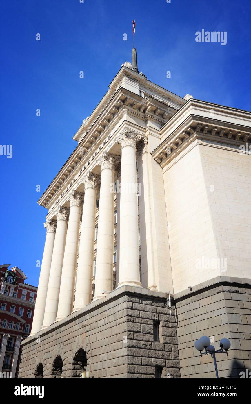 Bulgarian Parliament building in Sofia, the capital city. The text on the facade reads Narodno Sabranie (National Assembly). Stock Photo