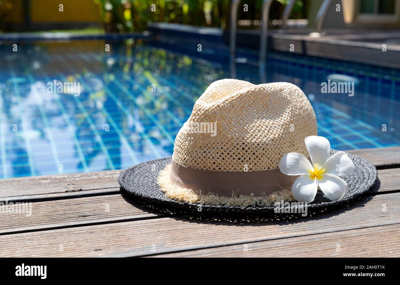 Straw hat and tropical flower near swimming pool. Summer vacation ...
