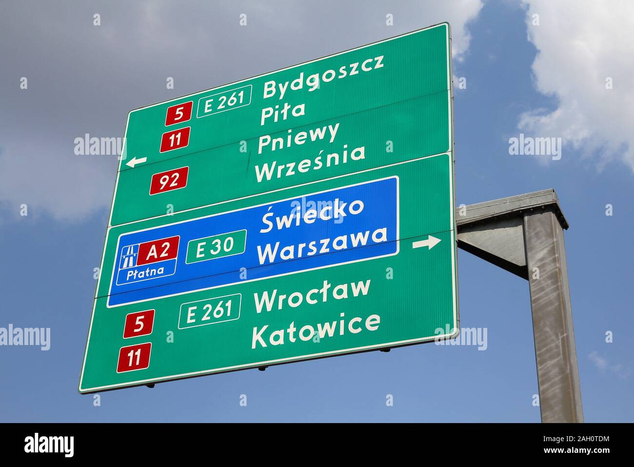 Directions sign in Poland showing directions to major city by national