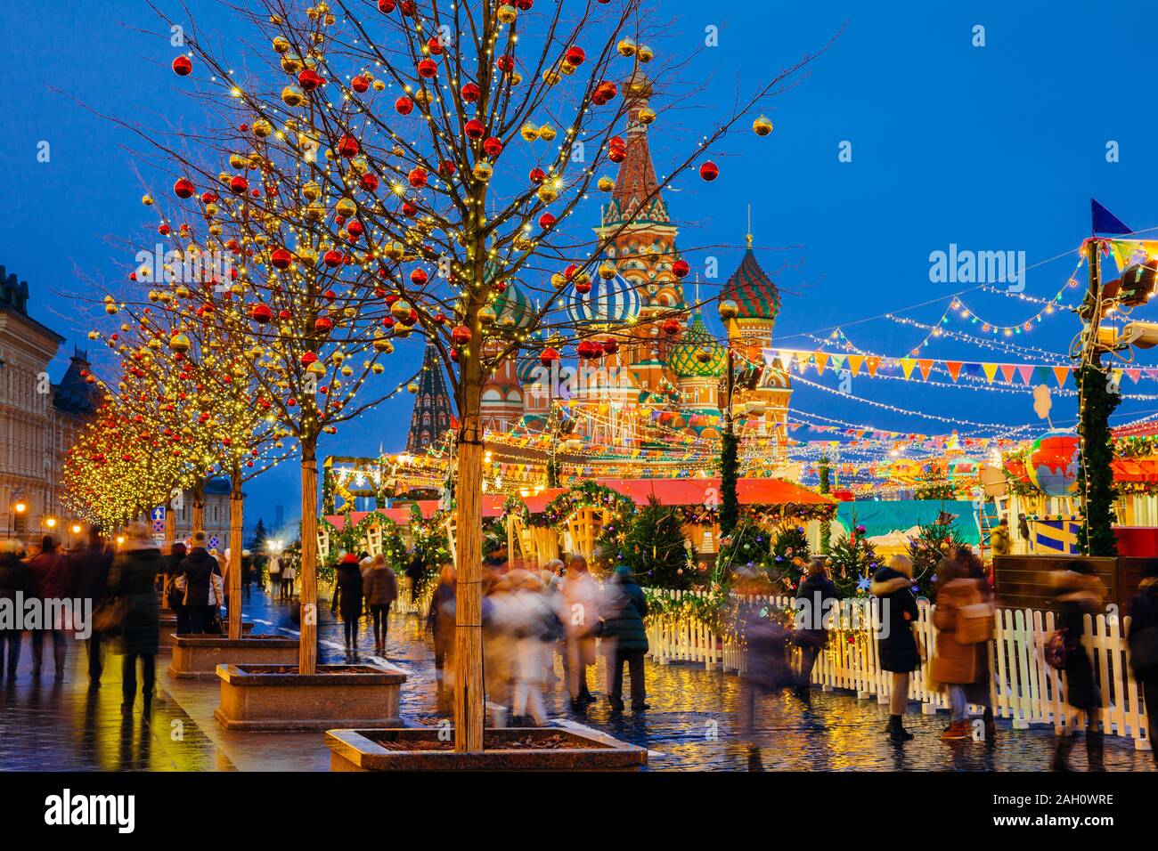 Christmas Market on the Red Square with Saint Basil's Cathedral on the background, Moscow, Russia Stock Photo
