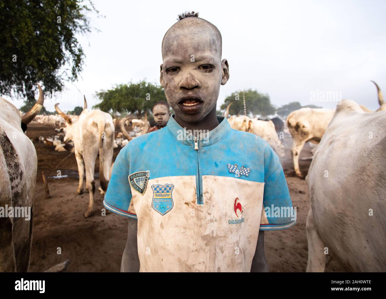 Mundari tribe boy covered in ash to protect from the mosquitoes and flies, Central Equatoria, Terekeka, South Sudan Stock Photo