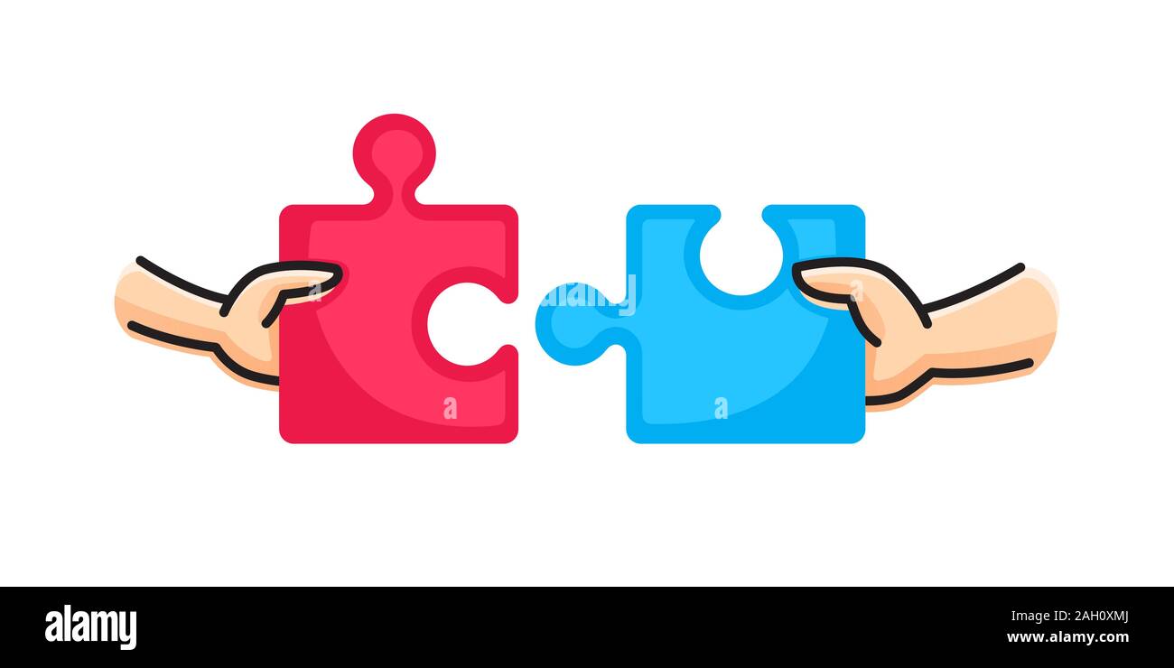 Hands putting two puzzle pieces together. Family concept. Business, teamwork and partnership concept. Vector illustration Stock Vector