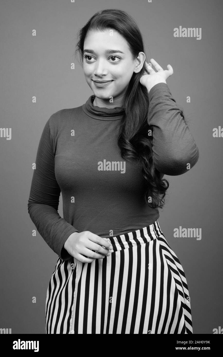 Indian girl with long black hair Black and White Stock Photos & Images ...