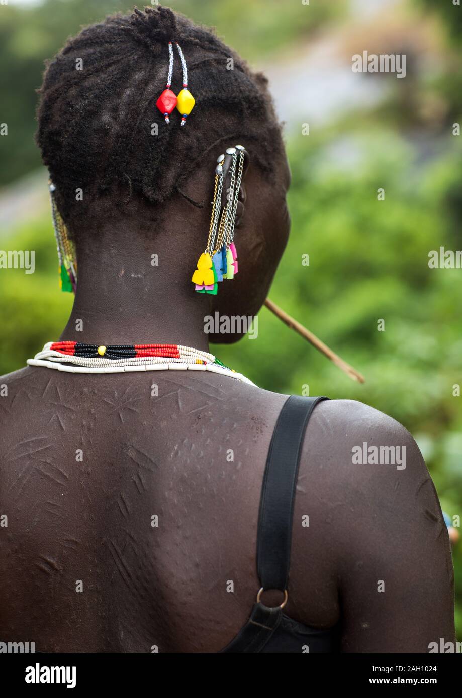 Larim tribe woman scarifications in her back, Boya Mountains, Imatong, South Sudan Stock Photo