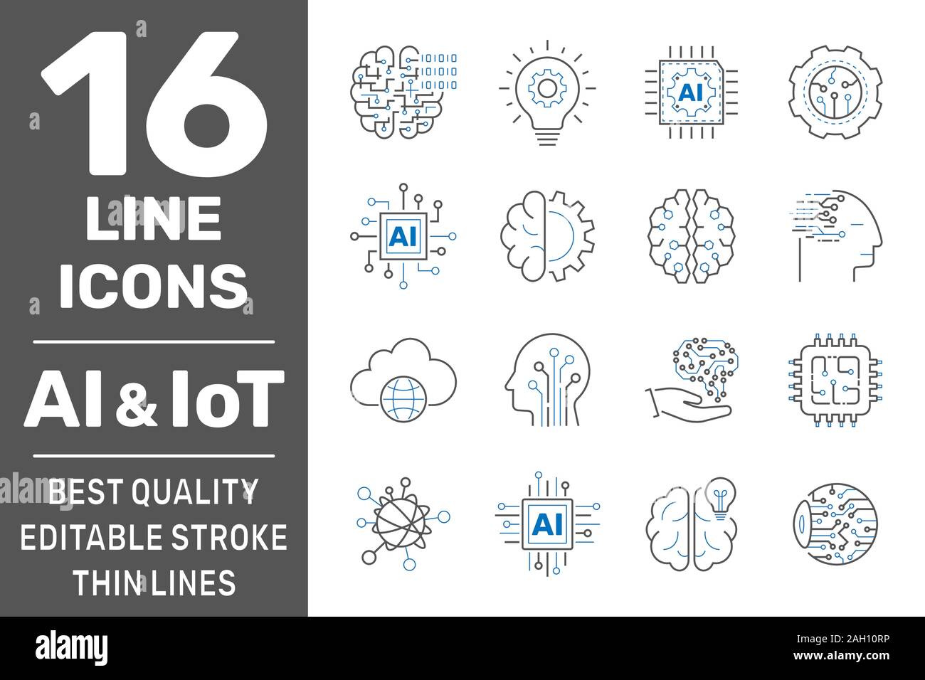 Thin icon set with machine learning, smart robotic, cloud computing network, digital AI and IoT technology. Editable Stroke. EPS 10 Stock Vector