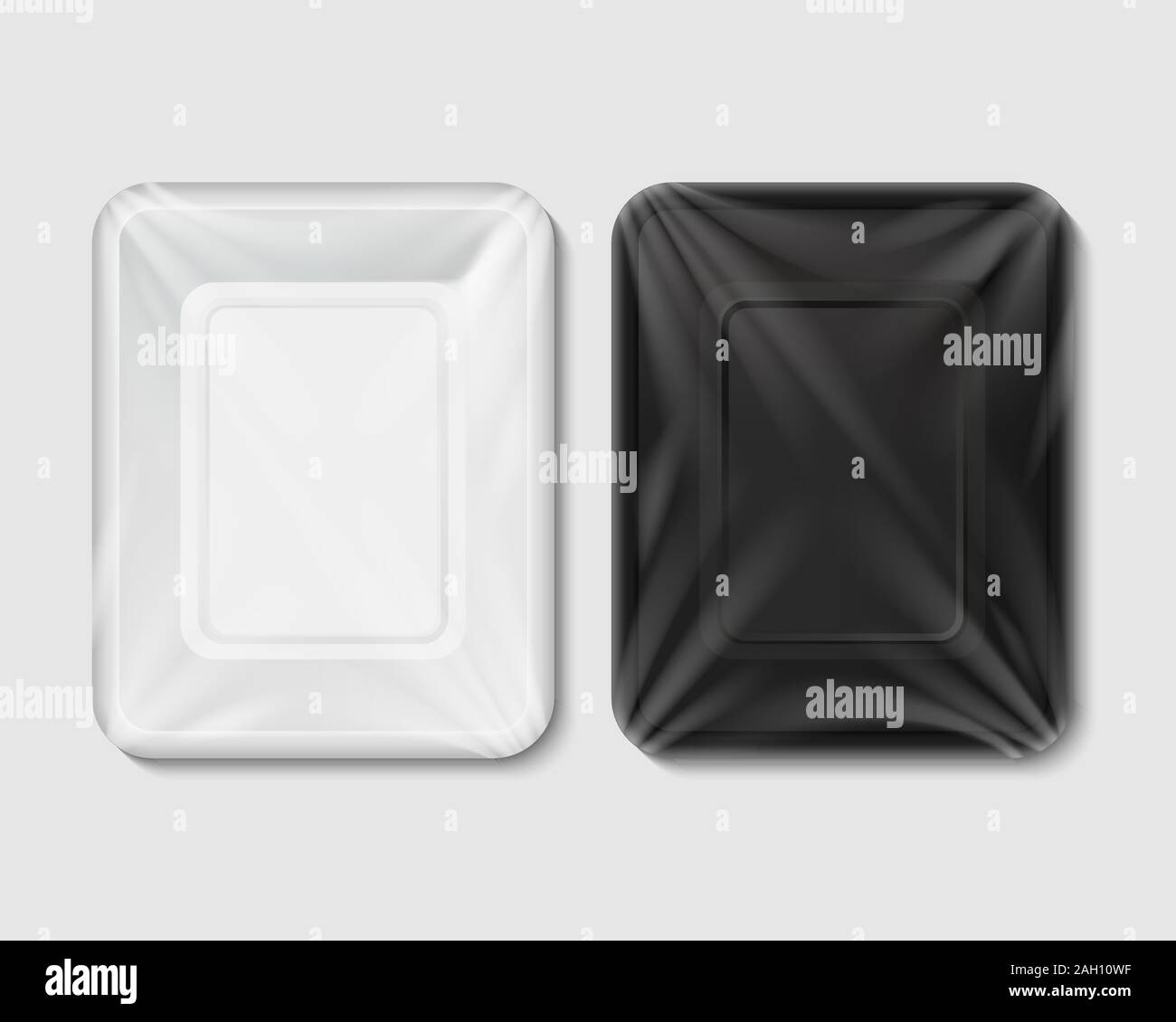 Plastic packaging for food products. Black and white empty plastic tray. Vector image of isolation is on a transparent background Stock Vector
