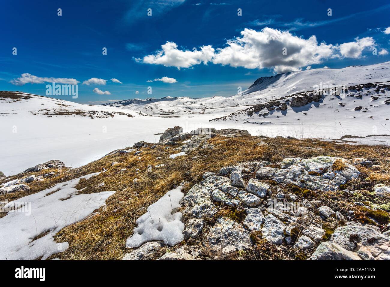 winter landscape of snowy Campo Imperatore plateau Stock Photo