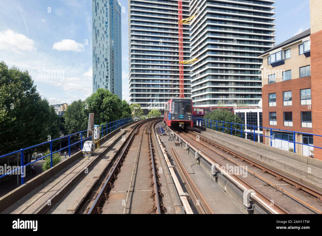 View through the front window of a DLR train, London, England Stock Photo