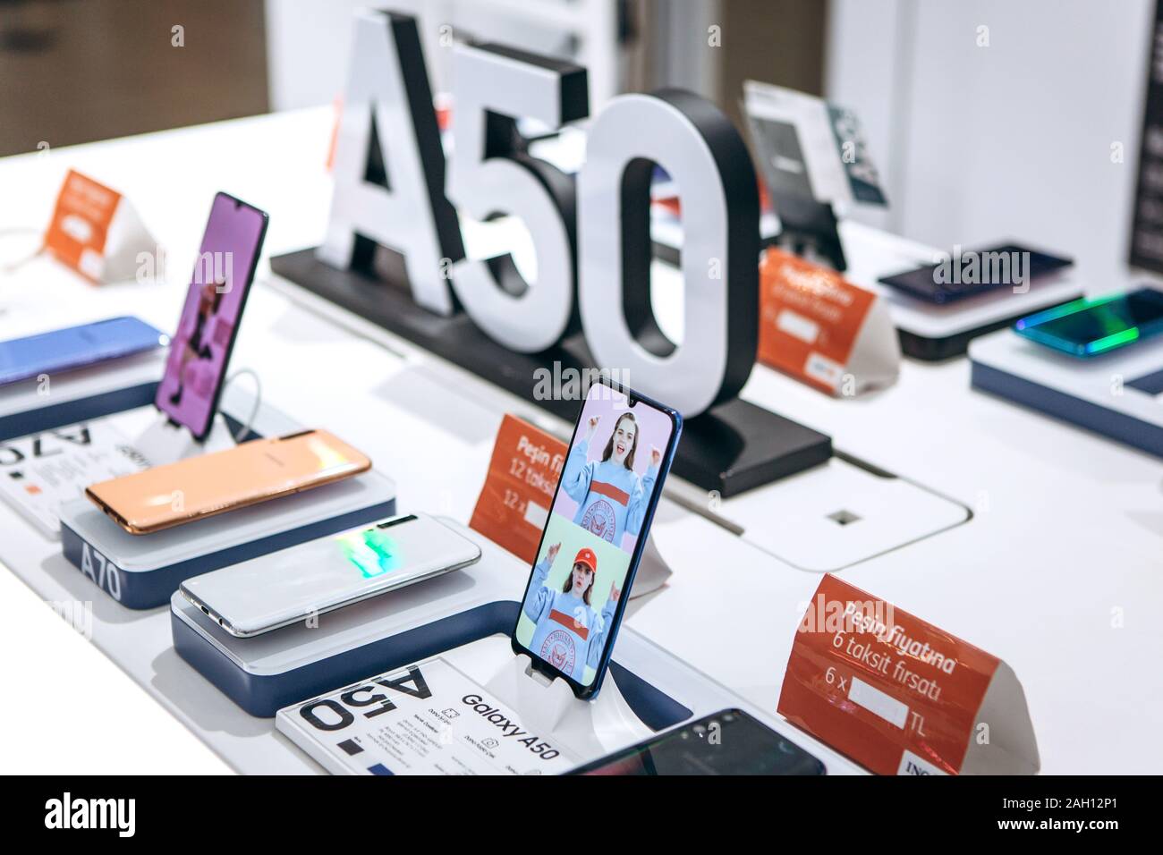 Turkey, Istanbul, December 20, 2019: Sale of new Samsung Galaxy A50 cell phones in the official Samsung store. Stock Photo