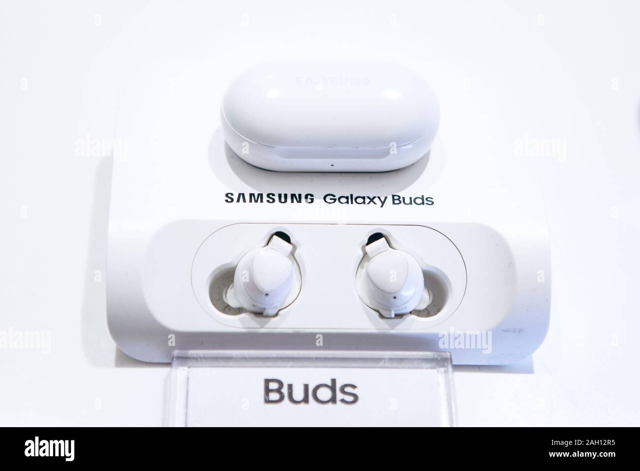 Turkey, Istanbul, December 20, 2019: New modern Samsung Galaxy Buds sale in the official Samsung store. Stock Photo