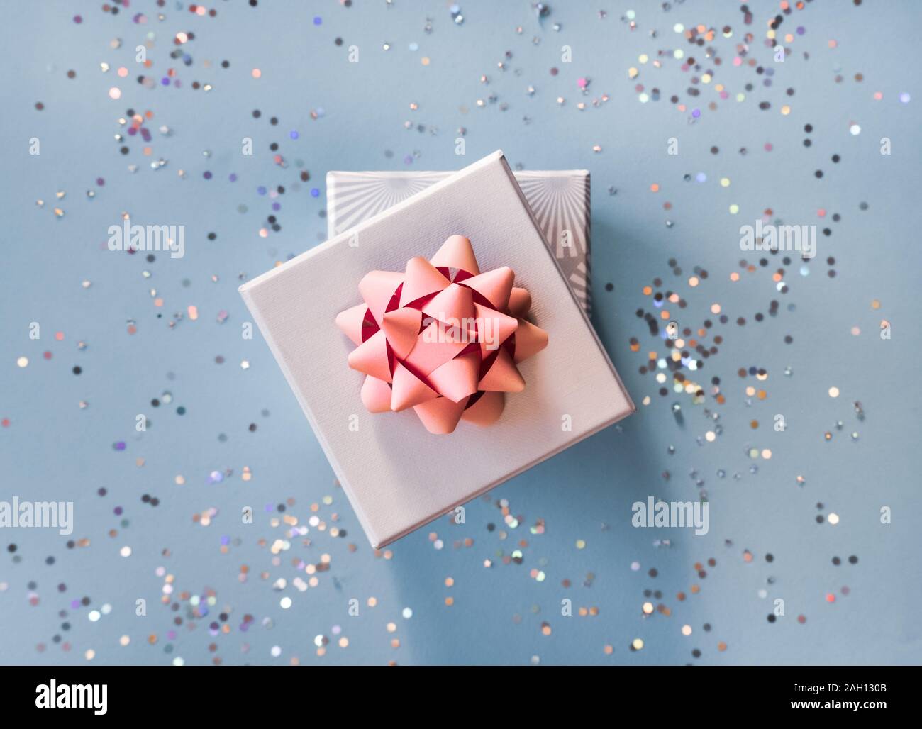 Gift boxes on blue background. Stock Photo