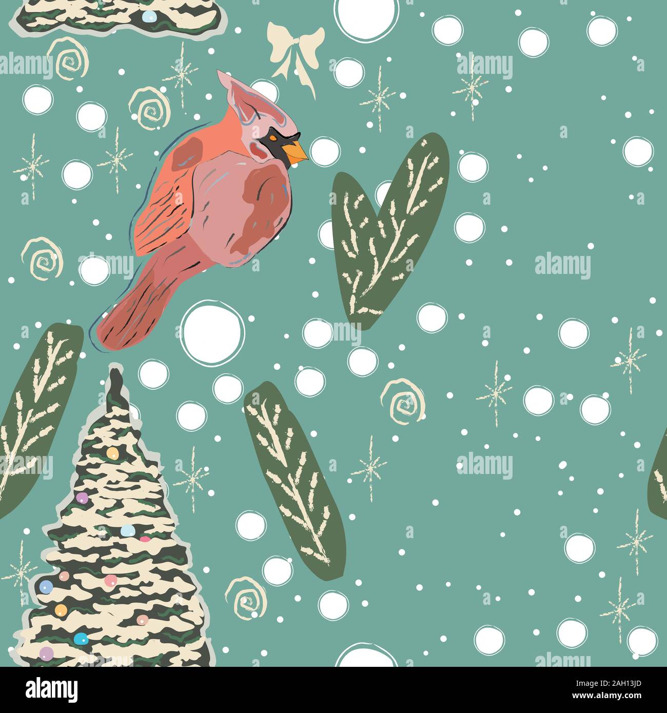 Seamless Pattern with really cutecardinal, bunny and snowman. Lovely Design. European Style Stock Vector