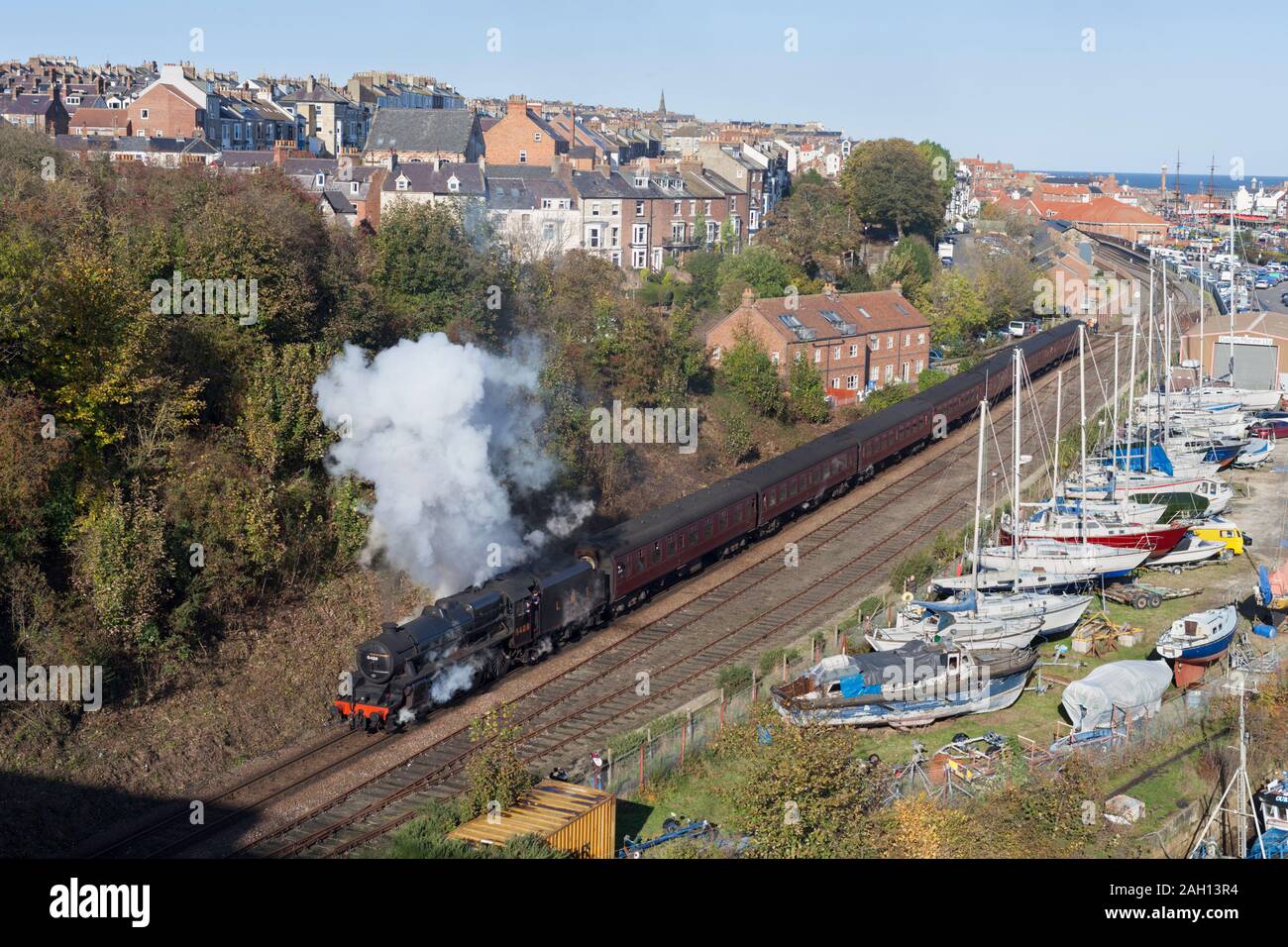 North Yorkshire moors railway black 5 steam locomotive 5428 Eric Treacy departing from Whitby with the 1132 Whitby to Pickering mainline steam train Stock Photo