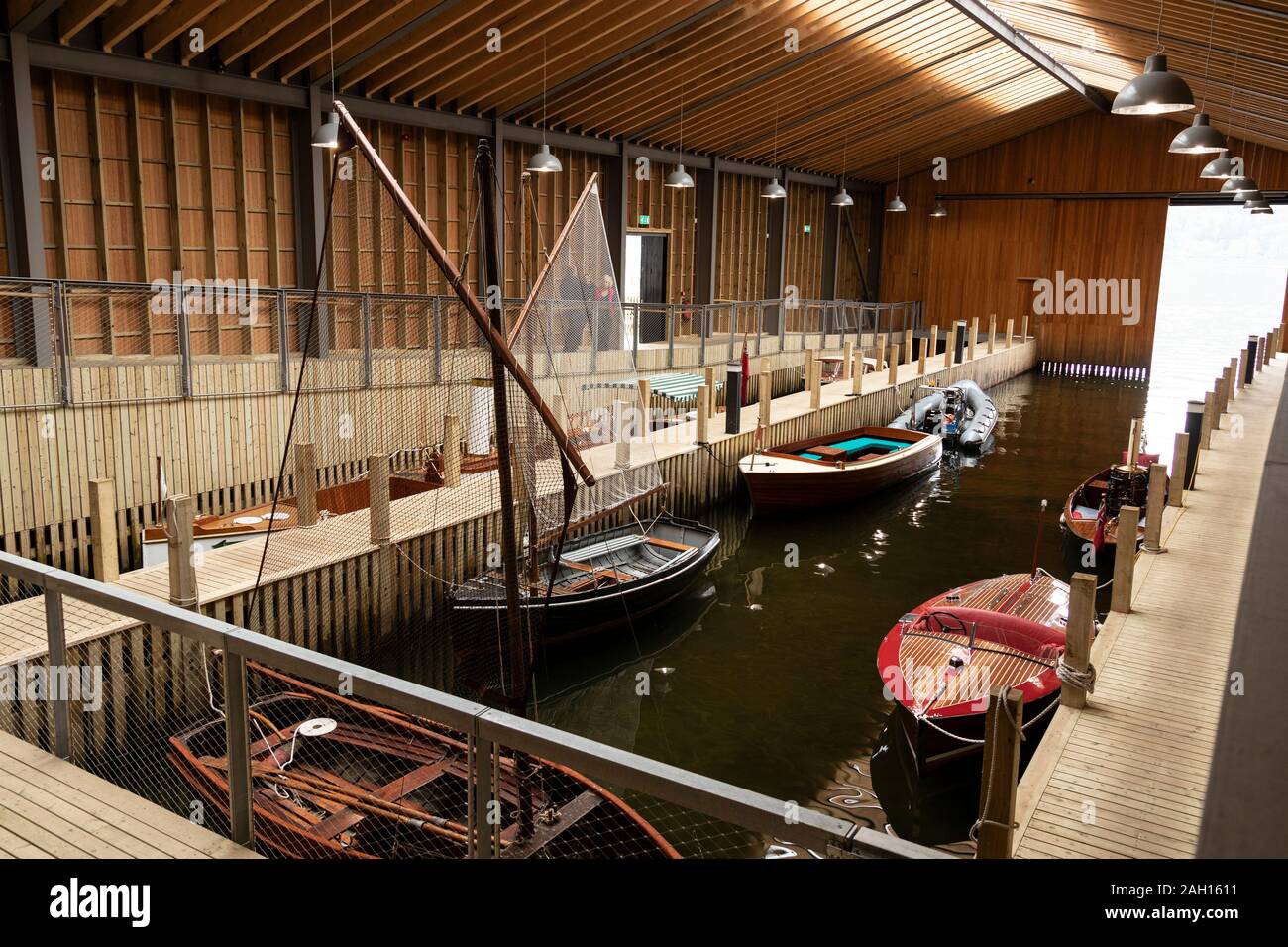 Antique boats on display at Windermere Jetty in the English Lake