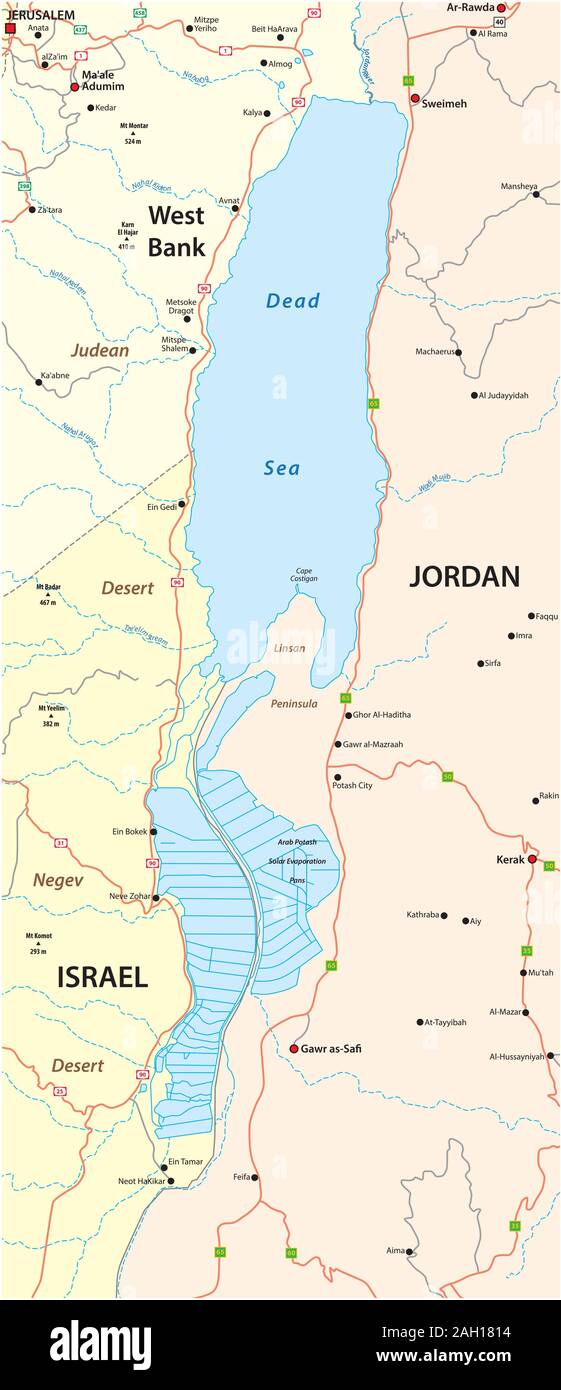 Map of the Dead Sea lying between Israel West Bank and Jordan Stock Vector