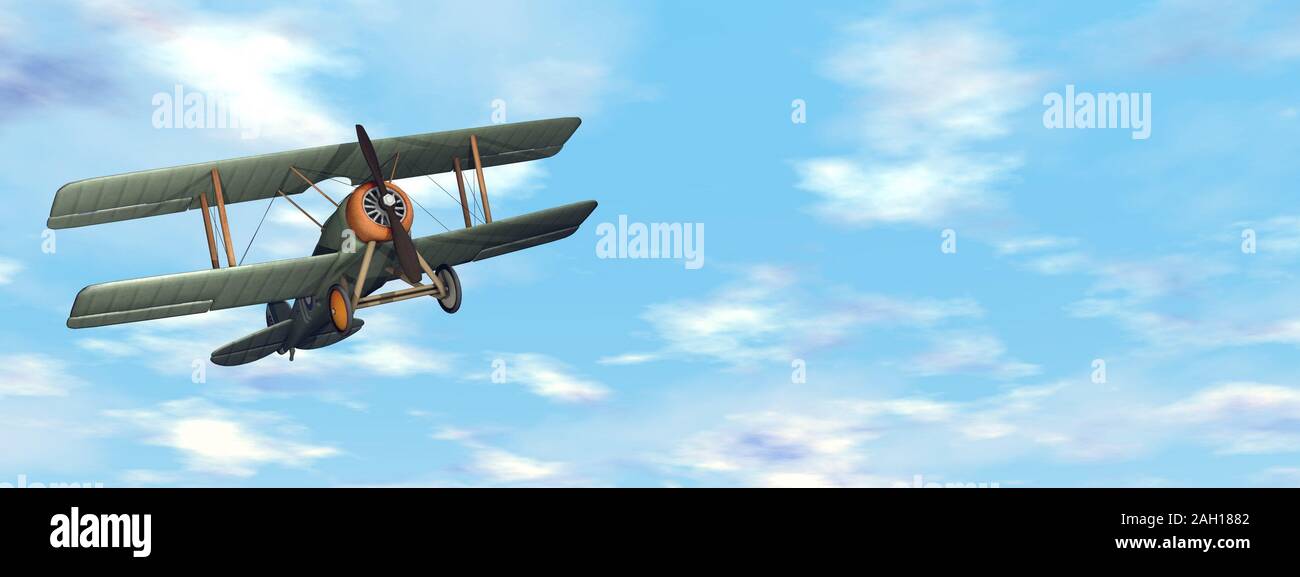 Old retro biplane flying in the sky - 3D render Stock Photo - Alamy