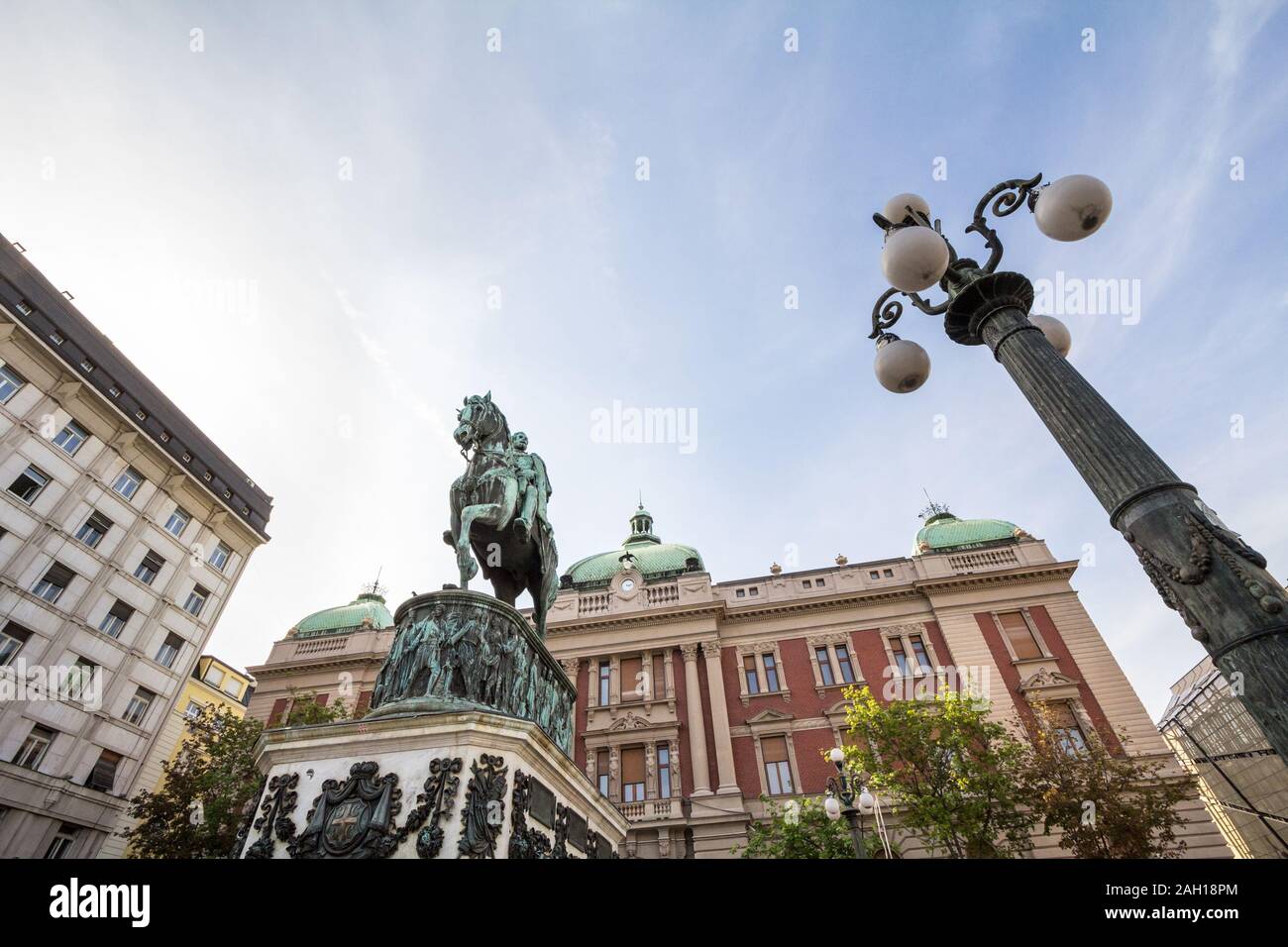 Prince Mihailo (Knez Mihailo) statue in front of the National Museum of Serbia on Republic Square (Trg Republike) in Belgrade, Serbia. Also called Kod Stock Photo