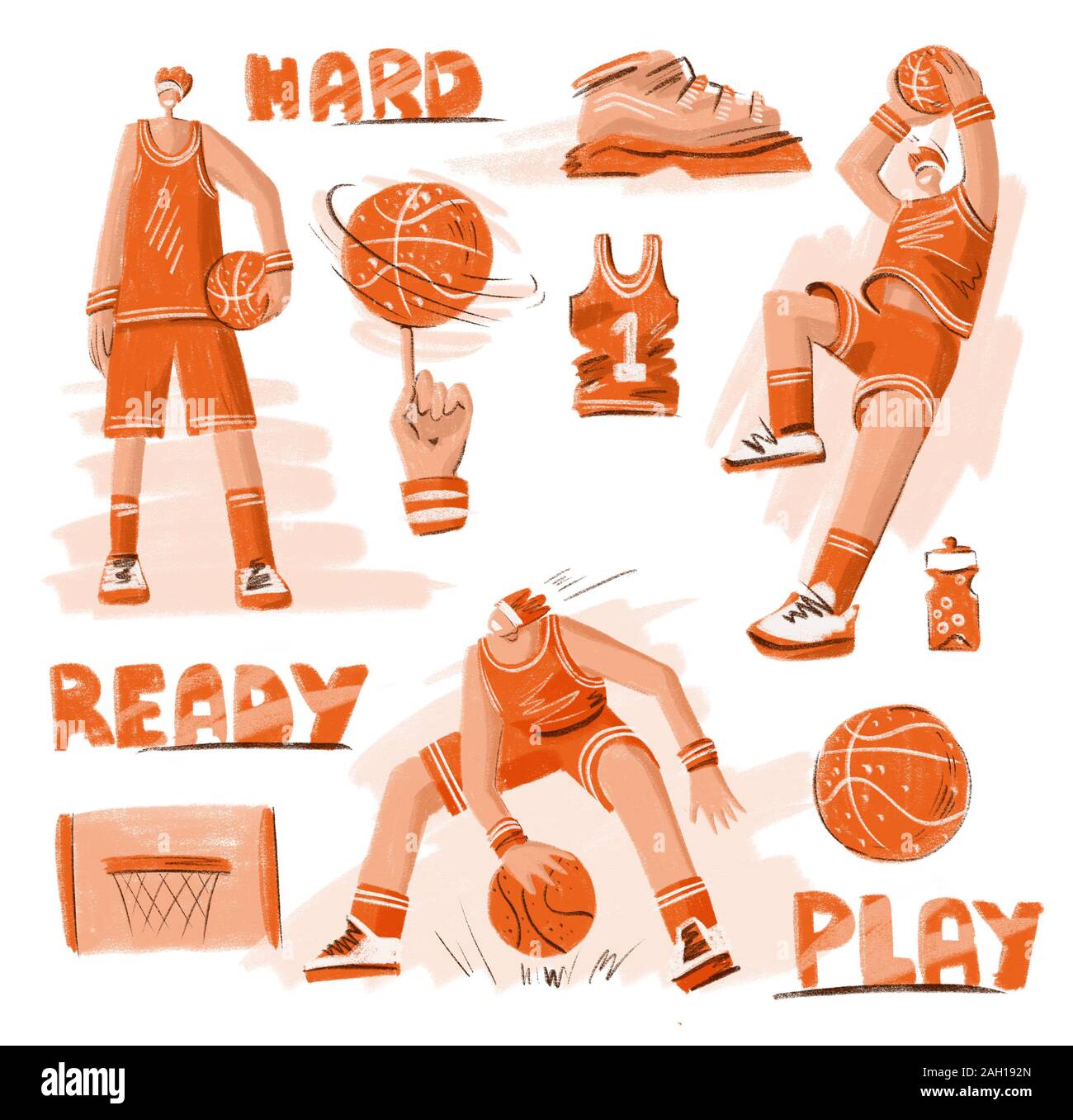 Sketch textured set of basketball basketball players, basket, ball
