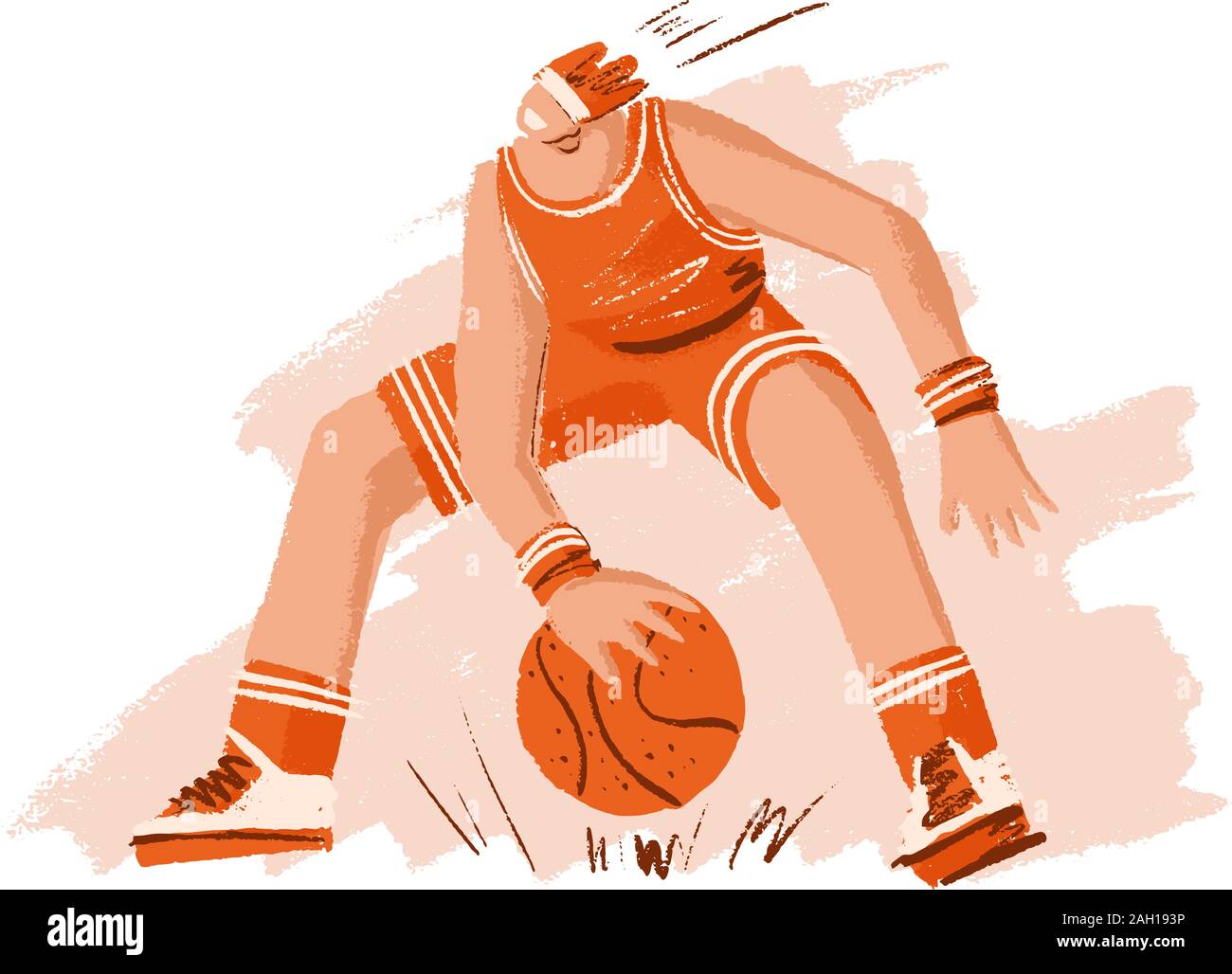 Vector hand drawn colored sketch illustration of professional basketball player, playing with basketball ball in dynamic pose, isolated on white. Hand Stock Vector