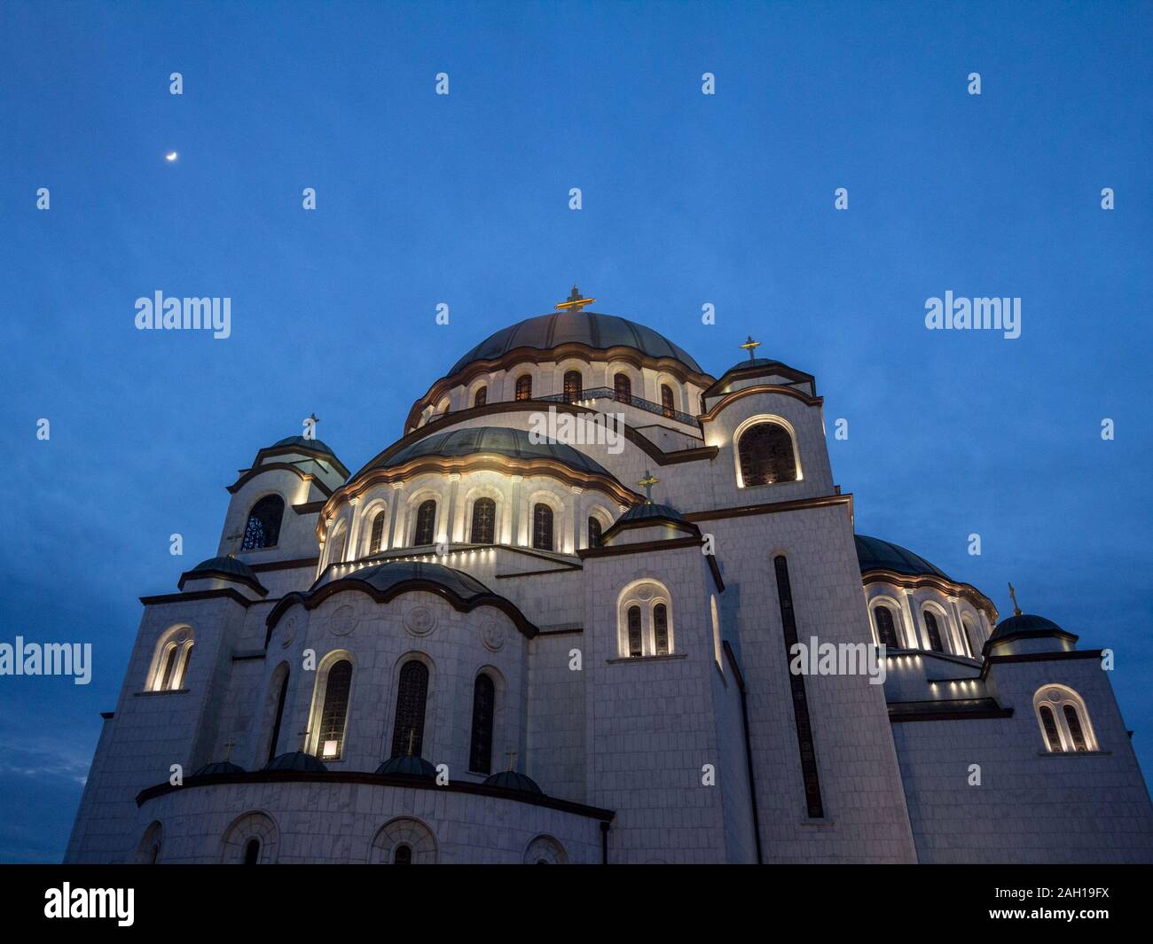 Saint Sava Cathedral Temple (Hram Svetog Save) in the early evening seen fron the outside. This orthodox church is one of the main monuments of the ca Stock Photo