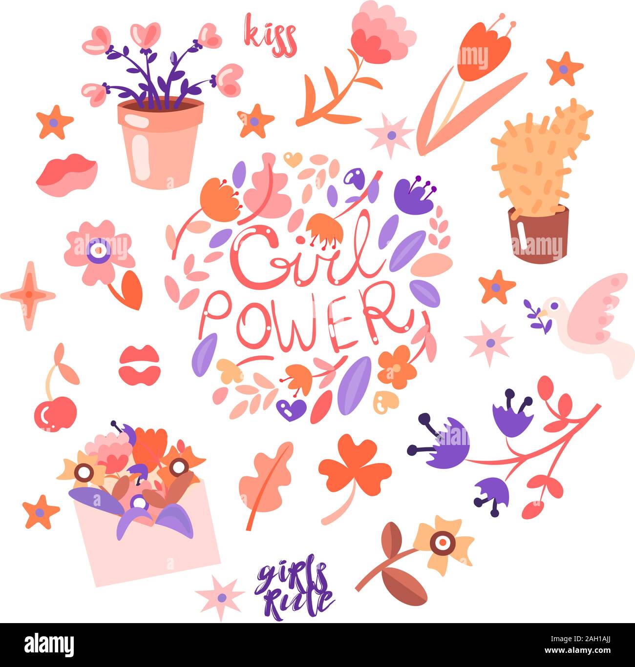 Feminist And Cute Girl Power Illustration Set Girls Portraits Flowers Stickers Sweets With Floral Decoration Cute Cartoon Feministic Girl Power Stock Vector Image Art Alamy