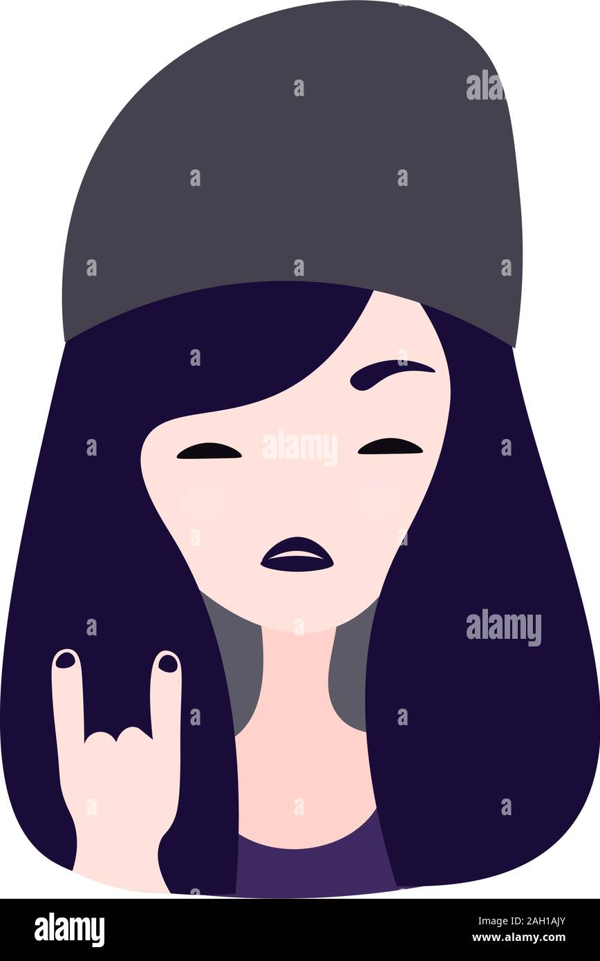 Cute cartoon illustration of pretty beautiful gothic woman. Girl, woman avatar, vector character with dark black hair, white skin, black nails Stock Vector