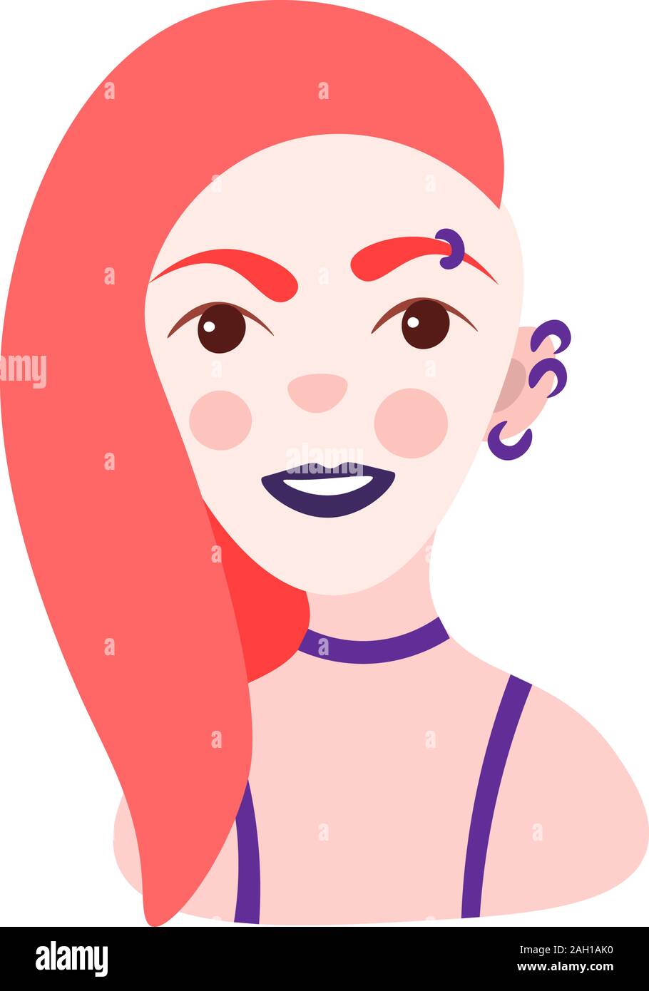 Cute cartoon illustration of pretty beautiful informal woman with red hair, piercing, modern haircut. Girl, woman avatar dark lips, smiling, vector Stock Vector