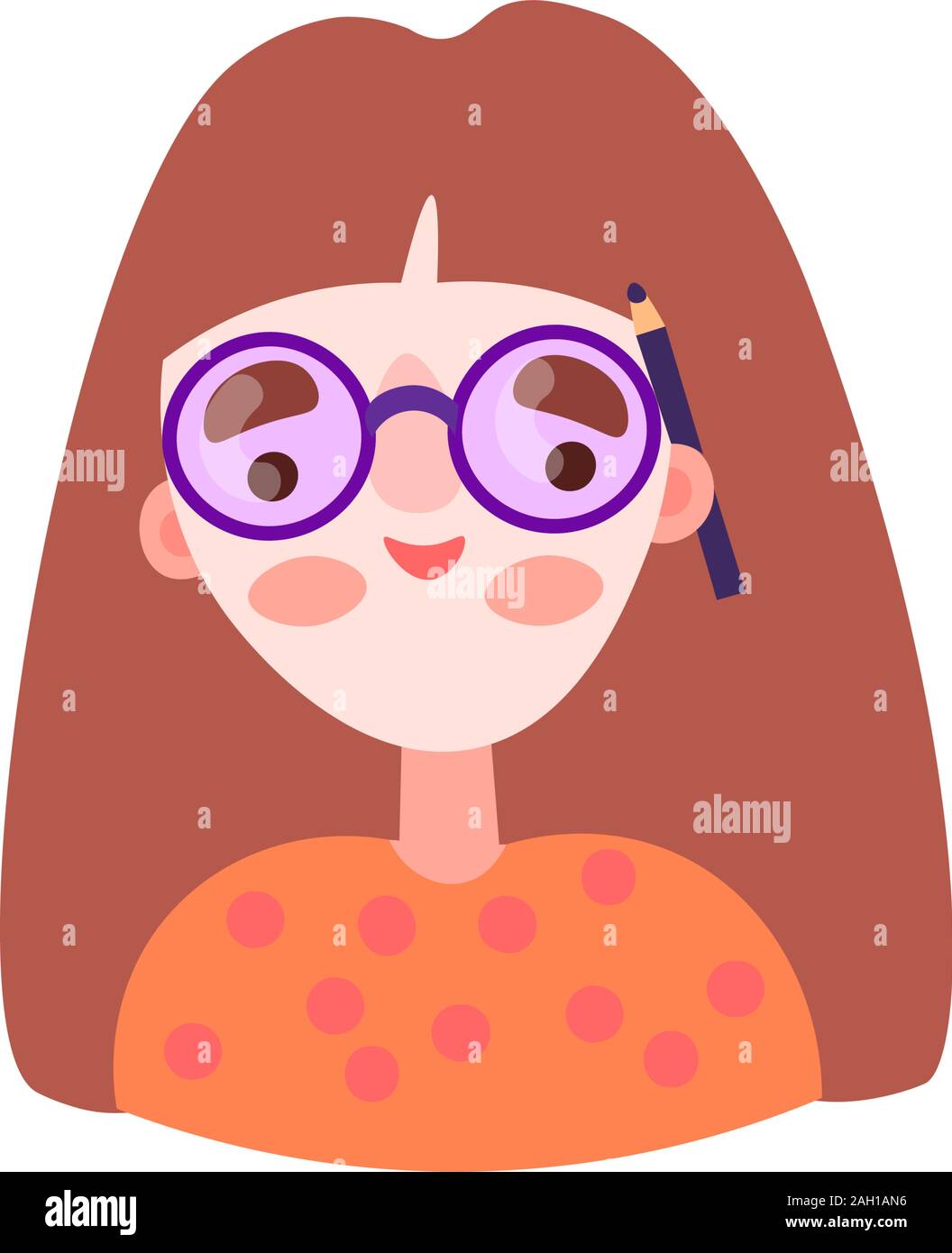 Cute cartoon illustration of pretty beautiful redhead nerd woman. Girl, woman avatar with glasses, freckles and pencil behind the ear, vector Stock Vector