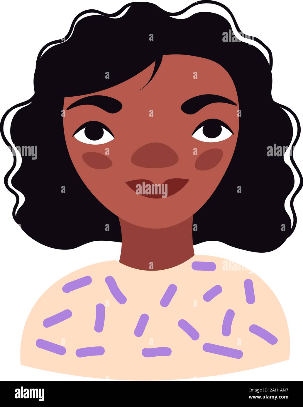 Cute cartoon illustration of pretty beautiful african american woman. Girl, woman avatar with black curve hair, smiling, vector character illustration Stock Vector