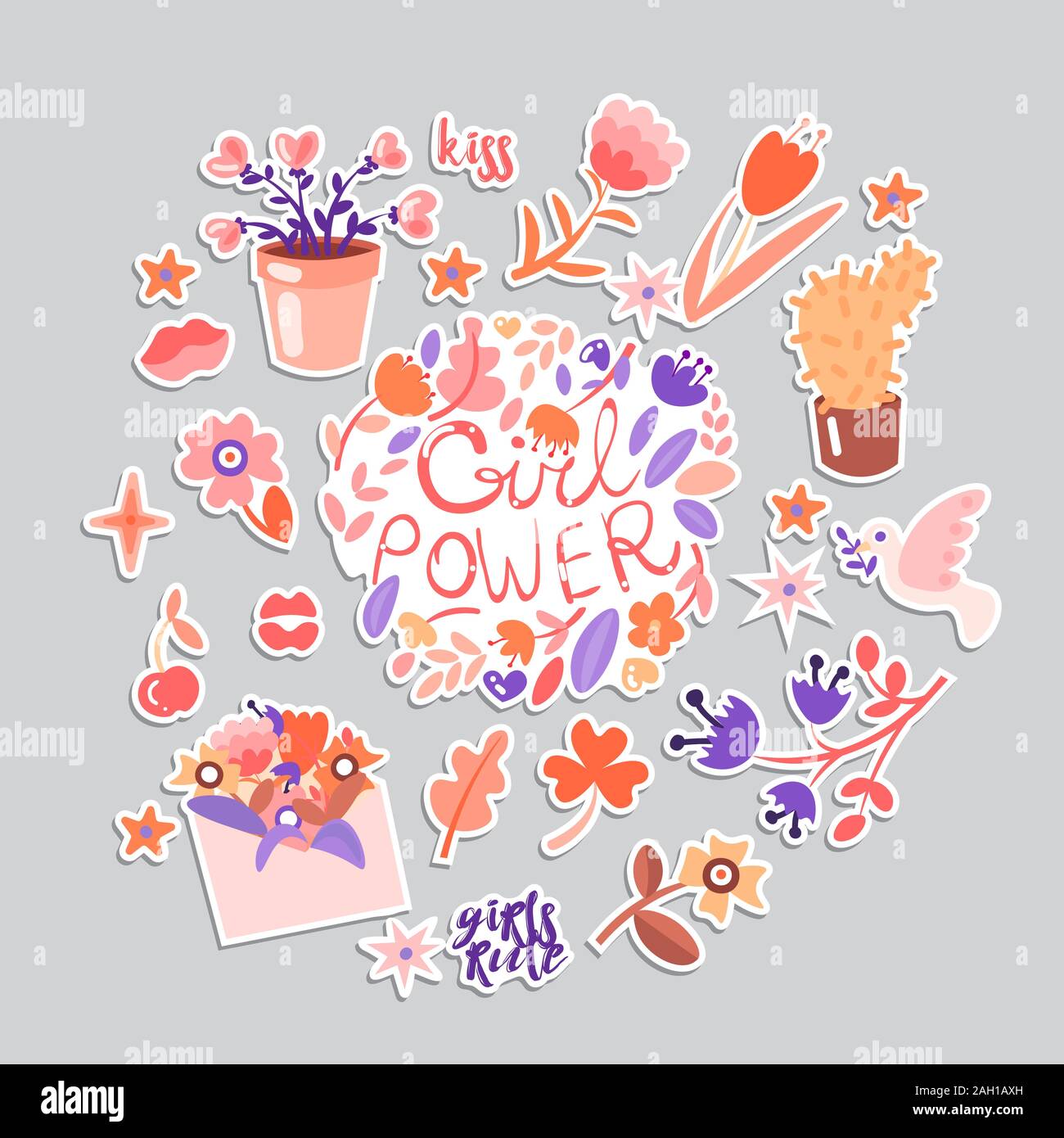 Feminist And Cute Girl Power Illustration Set Girls Portraits Flowers Stickers Sweets With Floral Decoration Cute Cartoon Feministic Girl Power Stock Vector Image Art Alamy