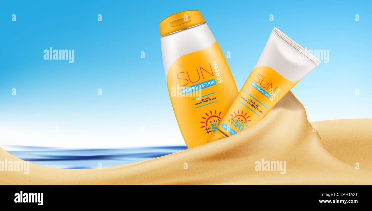 Sunscreen cream advertising banner with realistic 3d tube, bottle and jar with gel or cream Stock Vector