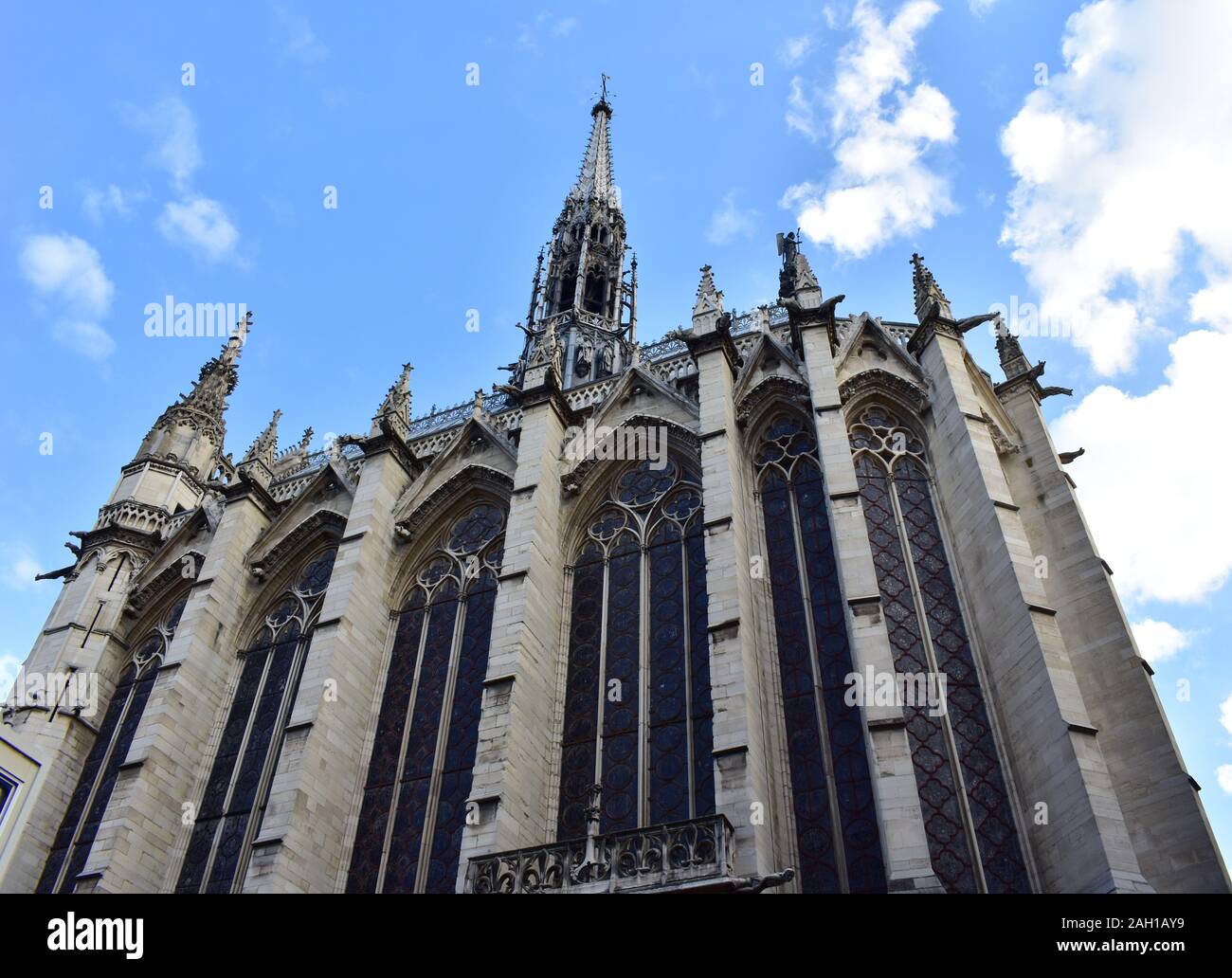 The Sainte Chapelle gothic landmark, exterior view with stained glass windows, buttress and spire.  Paris, France. Stock Photo