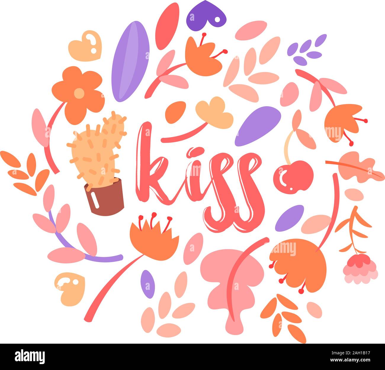 Feminist and cute girl power illustration set with lettering Kiss