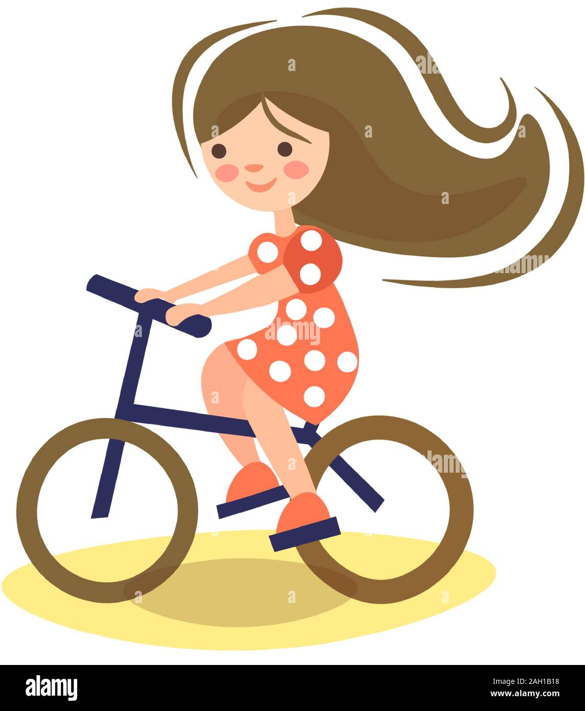 Cute cartoon illustration of little pre teeen girl, riding a bicycle. Child riding bike. Kid on bicycle, Little girl enjoying bike ride on her way to Stock Vector