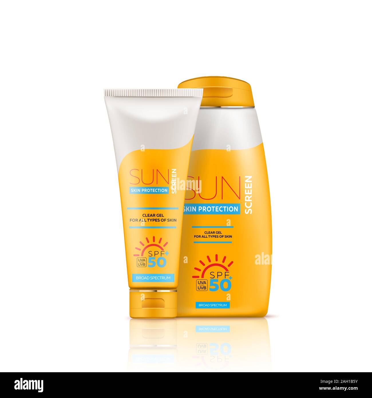 Sunscreen cream advertising banner with realistic 3d tube, bottle and jar with gel or cream Stock Vector