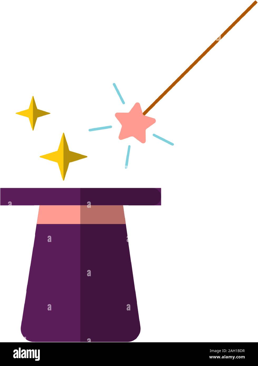 Vector flat design, illustration of magic hat with magic wand and light