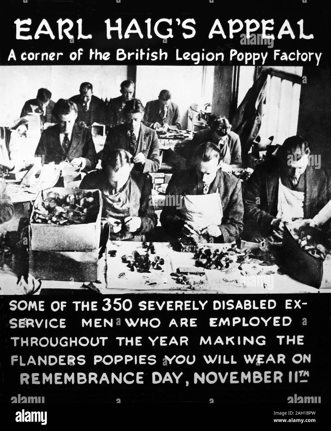 Cinema advertisment: Disabled ex-servicemen making poppies for Earl Haig's Appeal in the 1920s Stock Photo