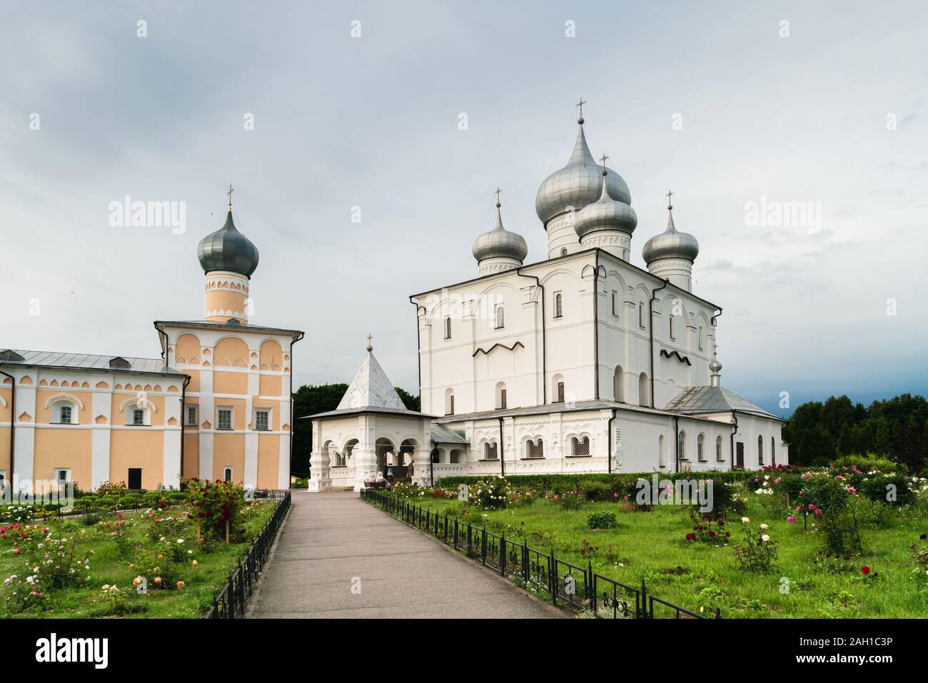 Yard of Khutyn Monastery of Saviour's Transfiguration and of St. Varlaam. Russia, Novgorod Veliky. Summer Stock Photo