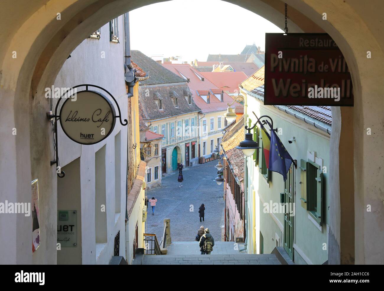 View down to the lower town in the historic centre in the winter sunshine, in pretty Sibiu, Transylvania, Romania Stock Photo