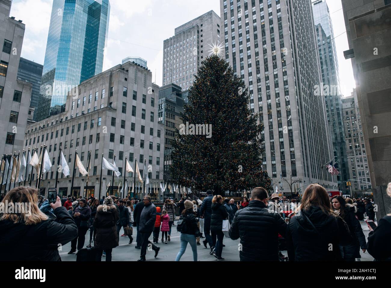 New York City USA DEC 17 2018 Christmas tree and holiday light of