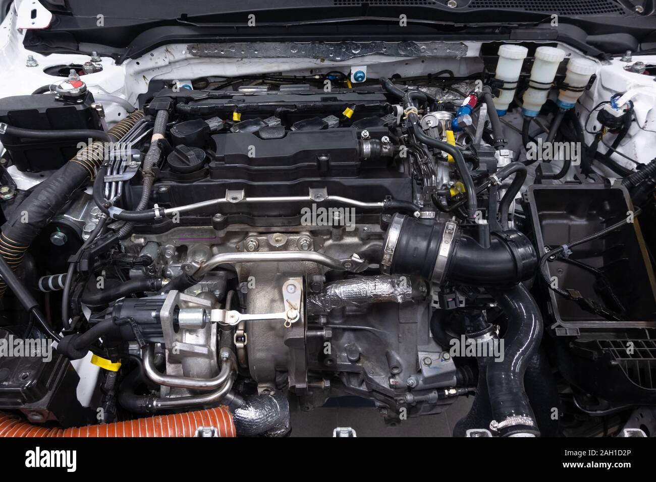 Powerful sports car engine. Internal design of vehicle engine. Car engine part. Under the hood