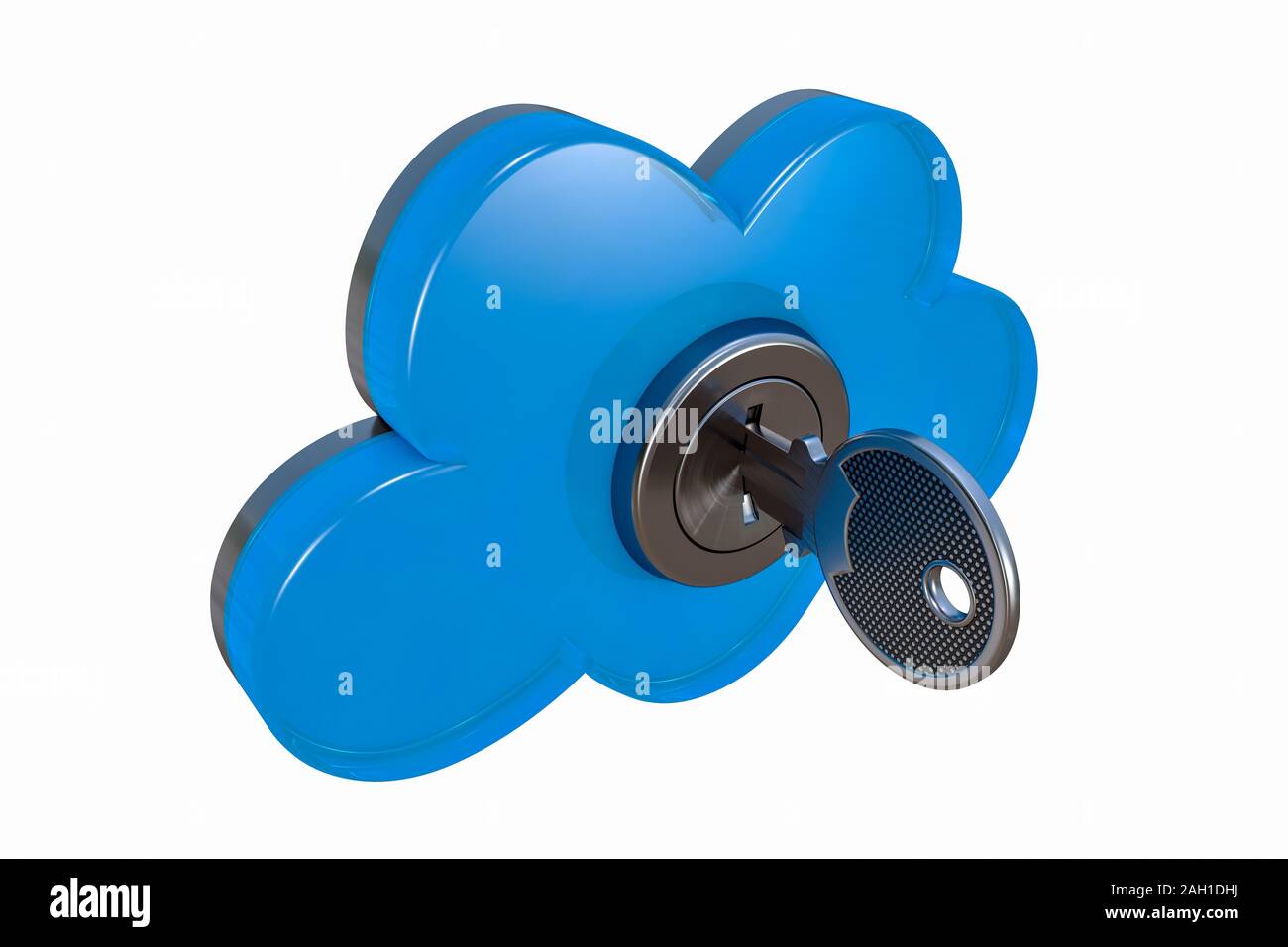 3D illustration: blue symbol of remote data storage. Cloud with key in the keyhole, reliable information storage available from various gadgets. Stock Photo