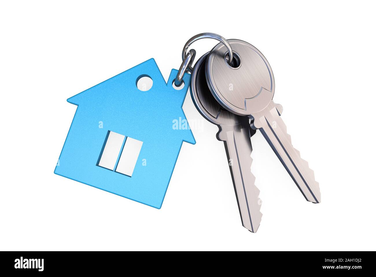 3D illustration: Blue transparent glass keychain in the form of a house with a pipe and a window connected by a ring with two metal keys. Stock Photo