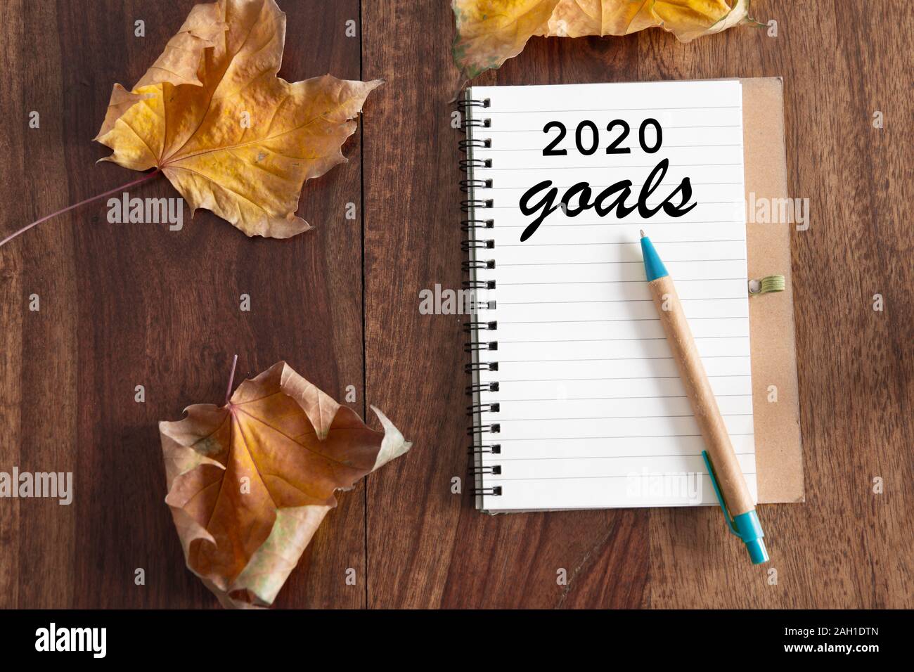 2020 goals flat lay diary on table Stock Photo
