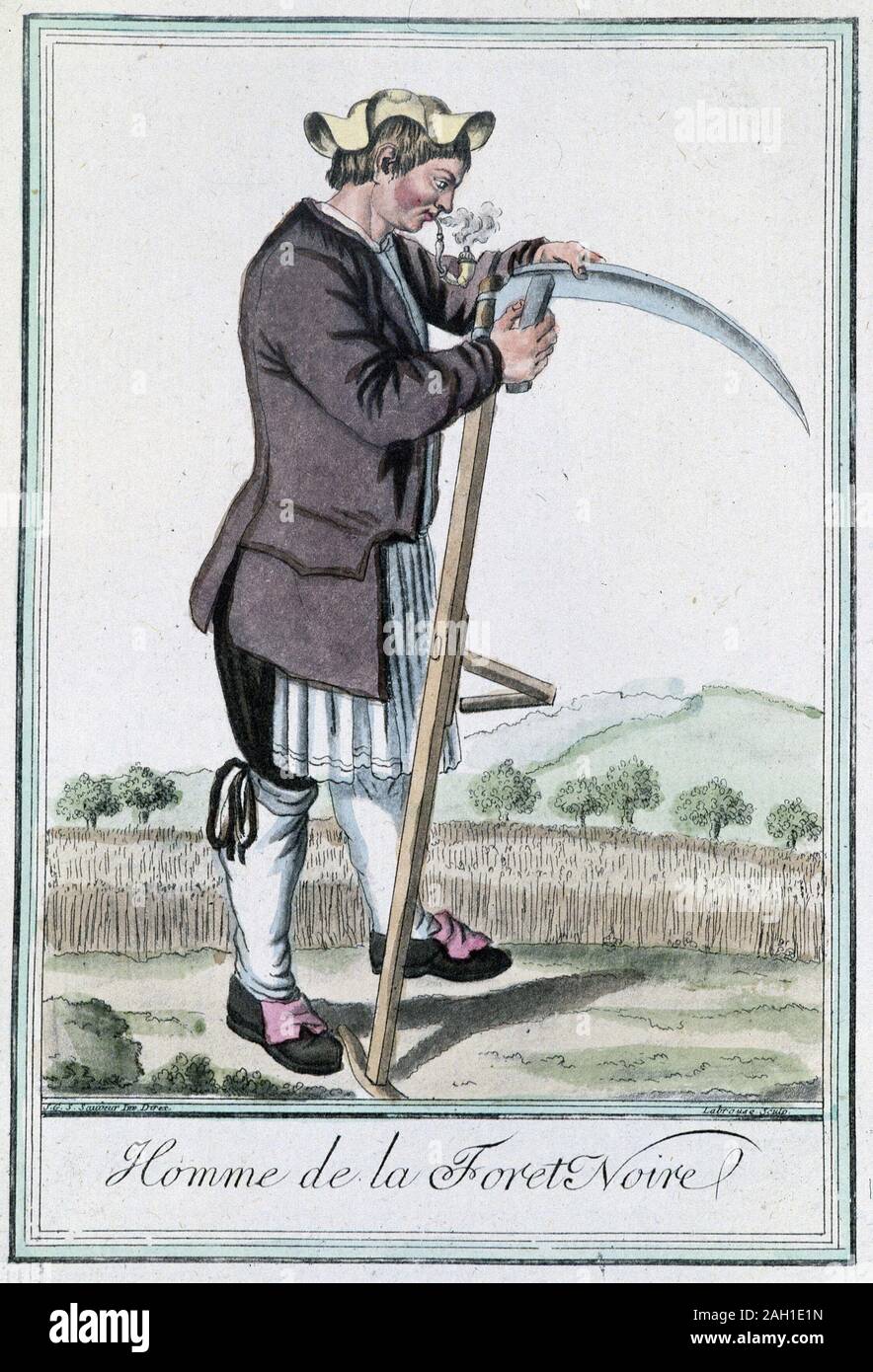 Homme de la fort noire, aiguisant sa faux pour la moisson - in'Encyclopedie des voyages' par Grasset St Sauveur, ed. Deroy, Paris, 1796 Stock Photo