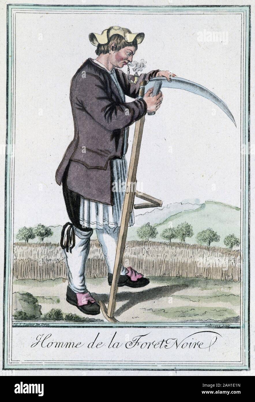 Homme de la for t noire, aiguisant sa faux pour la moisson - in ...