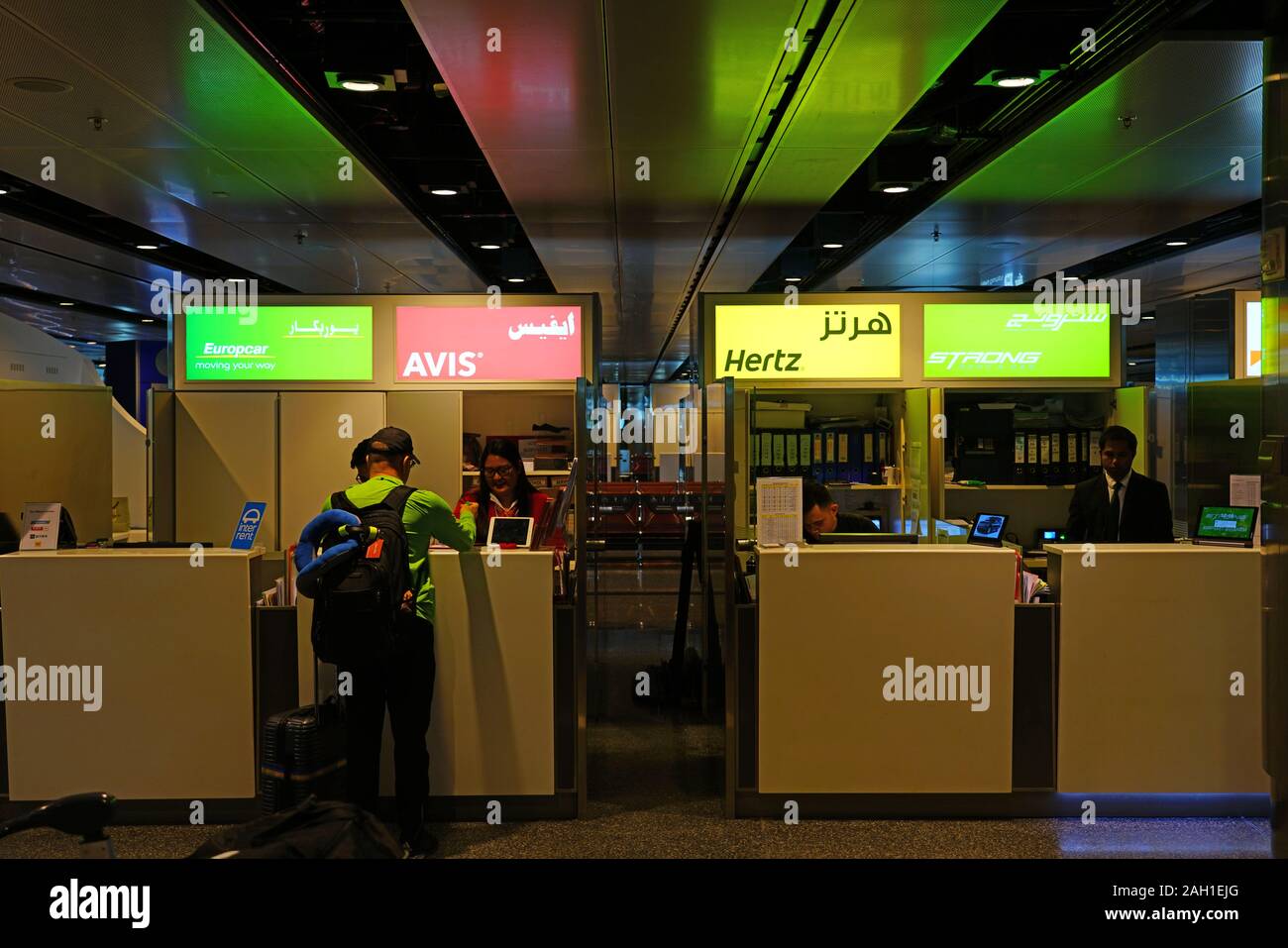 DOHA, QATAR -13 DEC 2019- View of the rental car counter at the Hamad International Airport (DOH) in Doha. Stock Photo